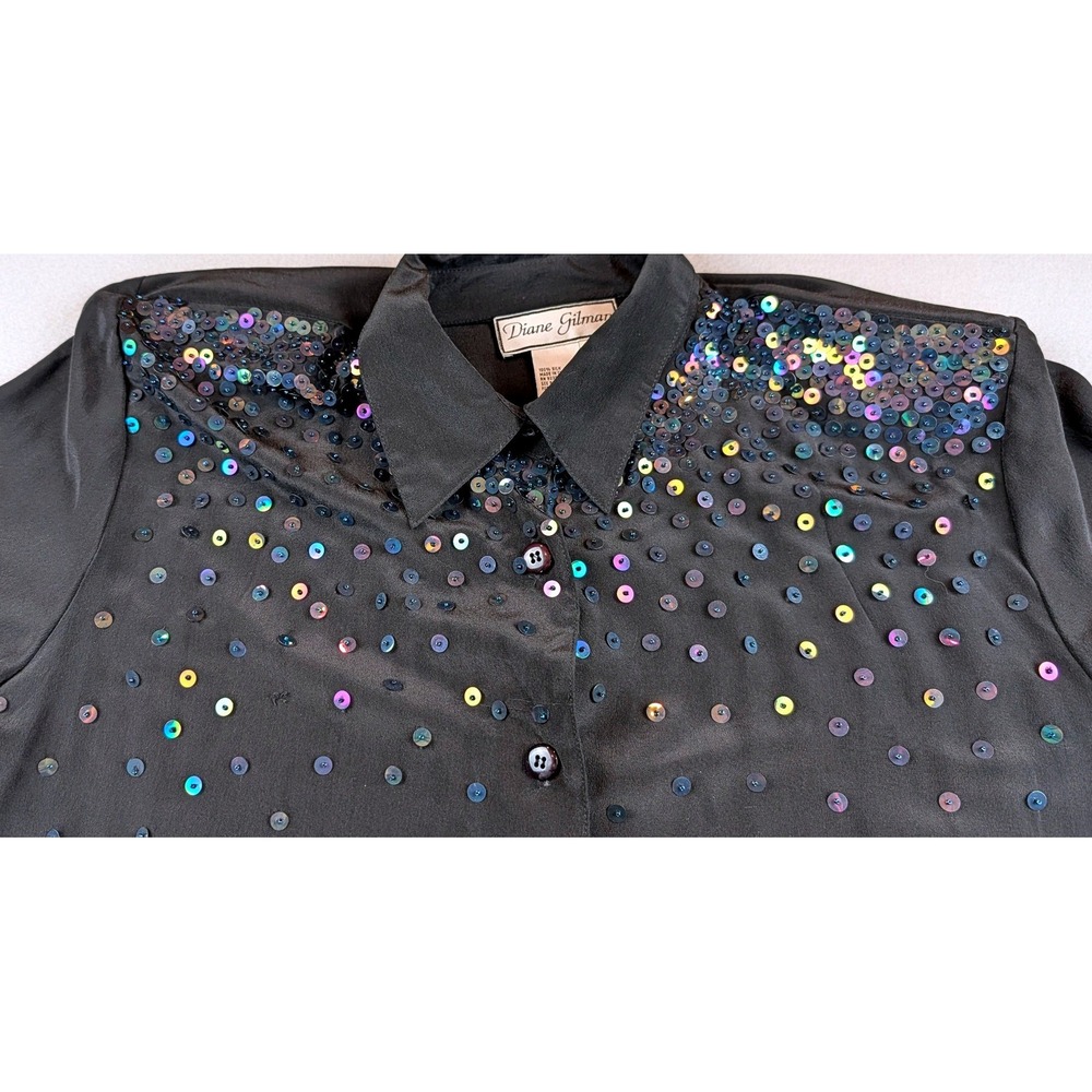Diane Gilman Silk Sequin Blouse Black Iridescent Button Down Long Sleeve Large - Picture 2 of 8
